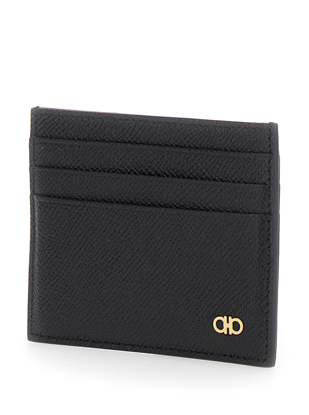 Ferragamo Men Black Card Holder With Micro Gancini On The Front And Logo Lettering On The Rear In Grained Leather Man FERRAGAMO