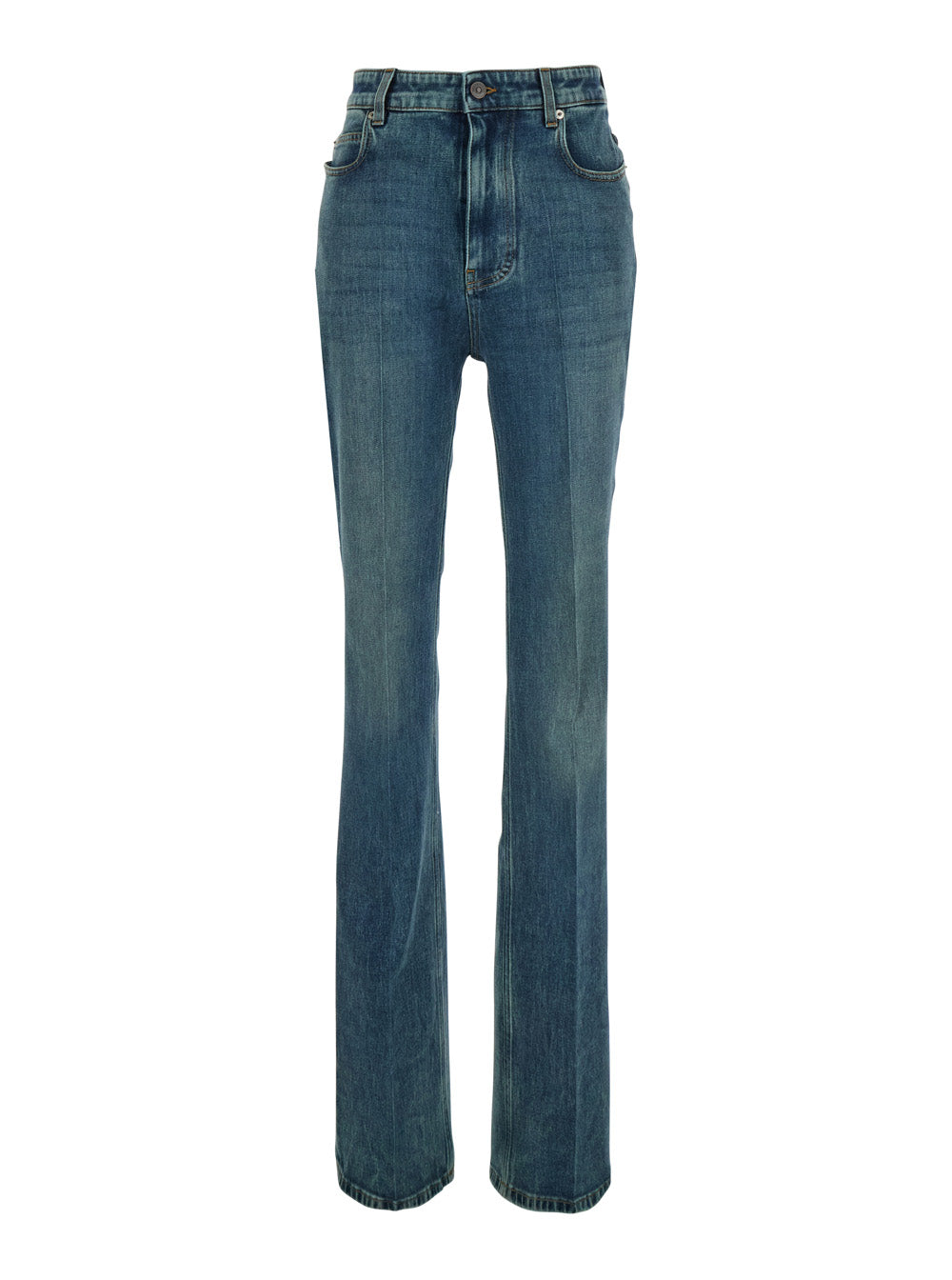 Balenciaga Women Blue High-Waisted Jeans With Logo Patch On The Back In Denim For Women BALENCIAGA
