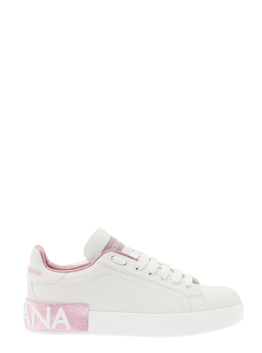 Dolce & Gabbana Women 'Portofino' White And Pink Low Top Sneakers With Logo In Leather Woman DOLCE & GABBANA