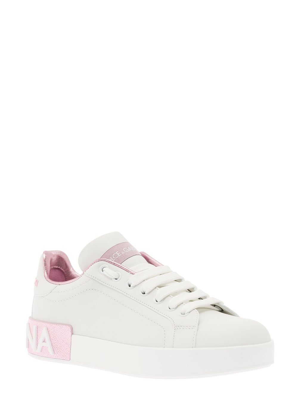 Dolce & Gabbana Women 'Portofino' White And Pink Low Top Sneakers With Logo In Leather Woman DOLCE & GABBANA