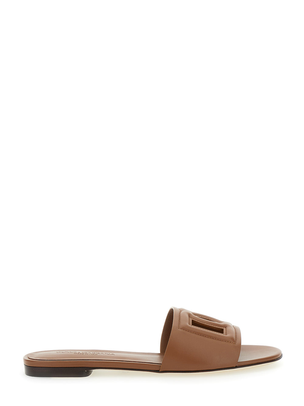 Dolce & Gabbana Women Brown Leather Cut Out Logo Slide Sandal 'Cq0436' For Women DOLCE & GABBANA
