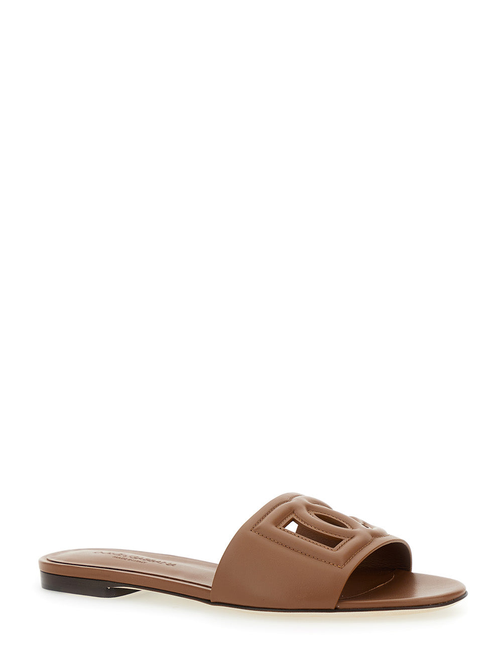 Dolce & Gabbana Women Brown Leather Cut Out Logo Slide Sandal 'Cq0436' For Women DOLCE & GABBANA
