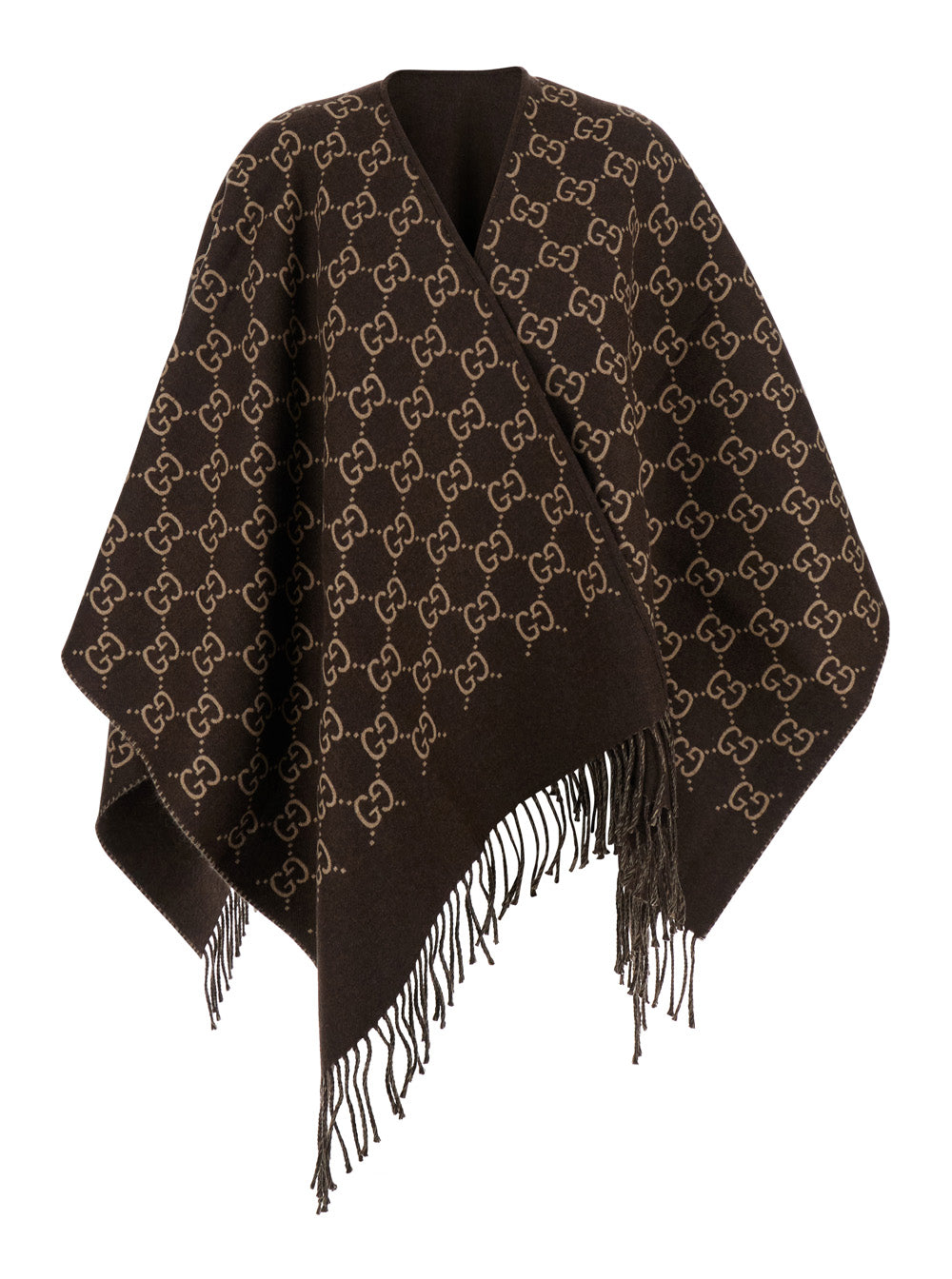 Gucci Women Cape With Fringes And Gg All-Over Motif In Brown Wool For Women GUCCI
