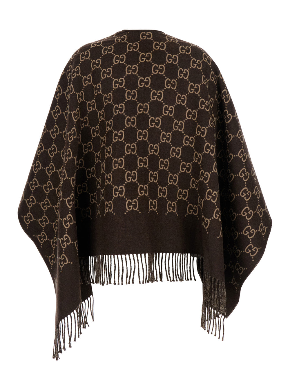 Gucci Women Cape With Fringes And Gg All-Over Motif In Brown Wool For Women GUCCI