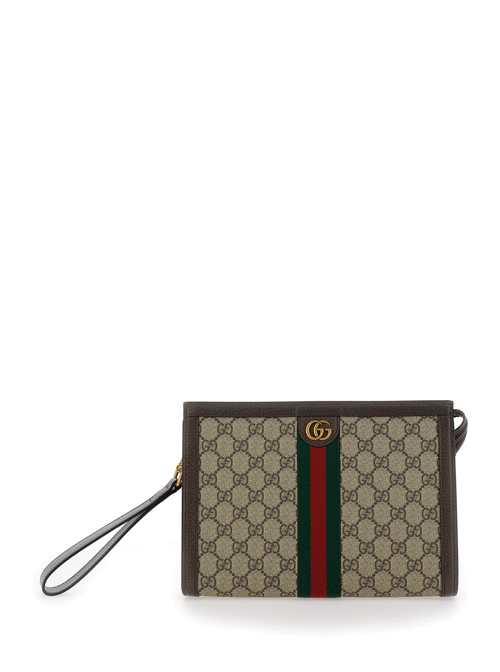 Gucci Men Pouch With Wrist Strap And Gg Plate With Web Detail On The Front In Gg Supreme Fabric Beige Men GUCCI