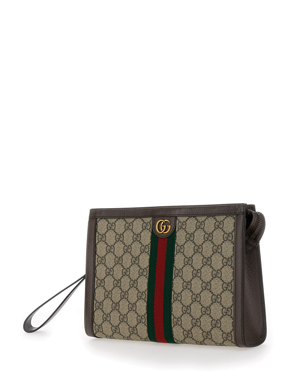 Gucci Men Pouch With Wrist Strap And Gg Plate With Web Detail On The Front In Gg Supreme Fabric Beige Men GUCCI