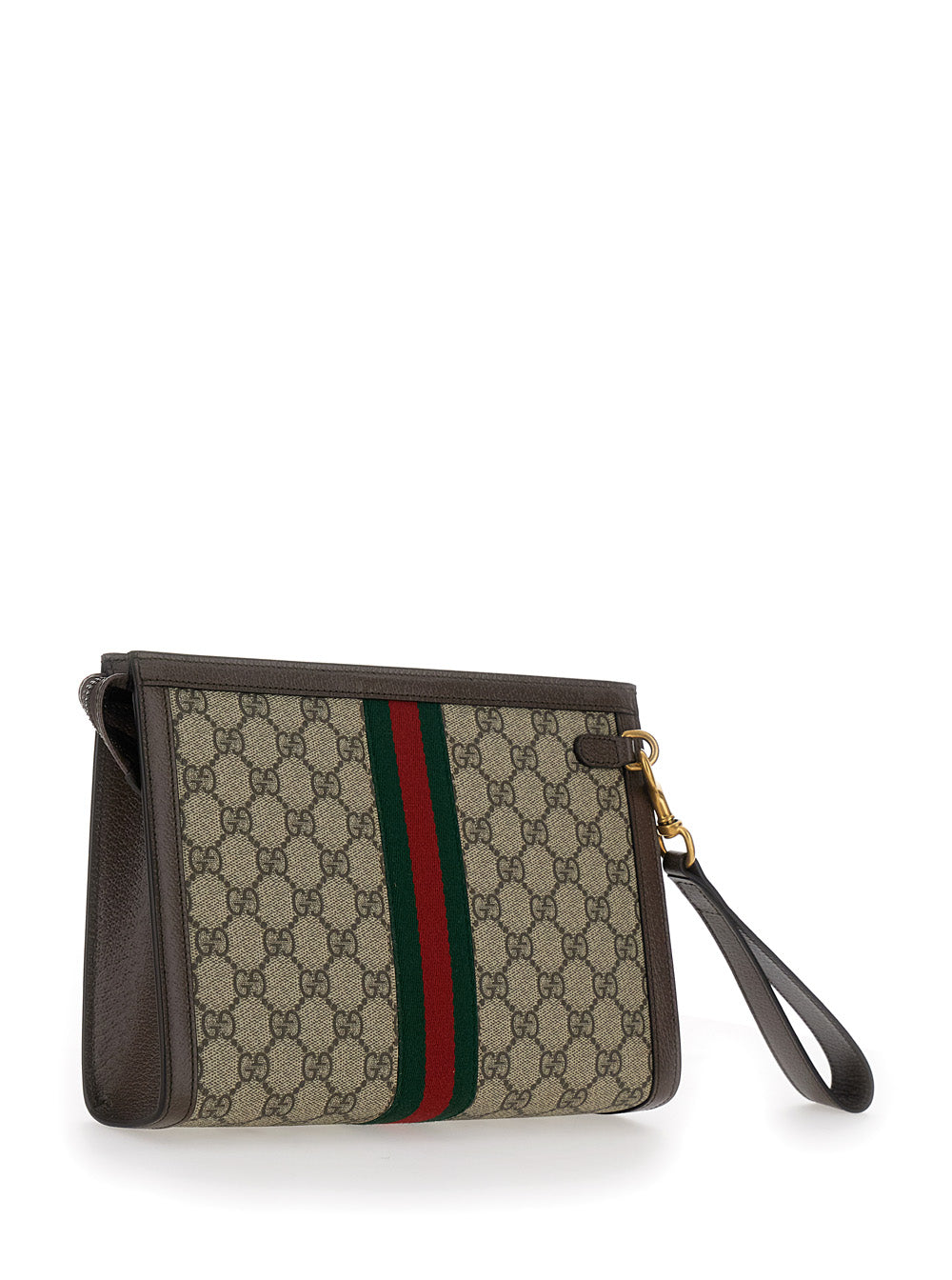 Gucci Men Pouch With Wrist Strap And Gg Plate With Web Detail On The Front In Gg Supreme Fabric Beige Men GUCCI