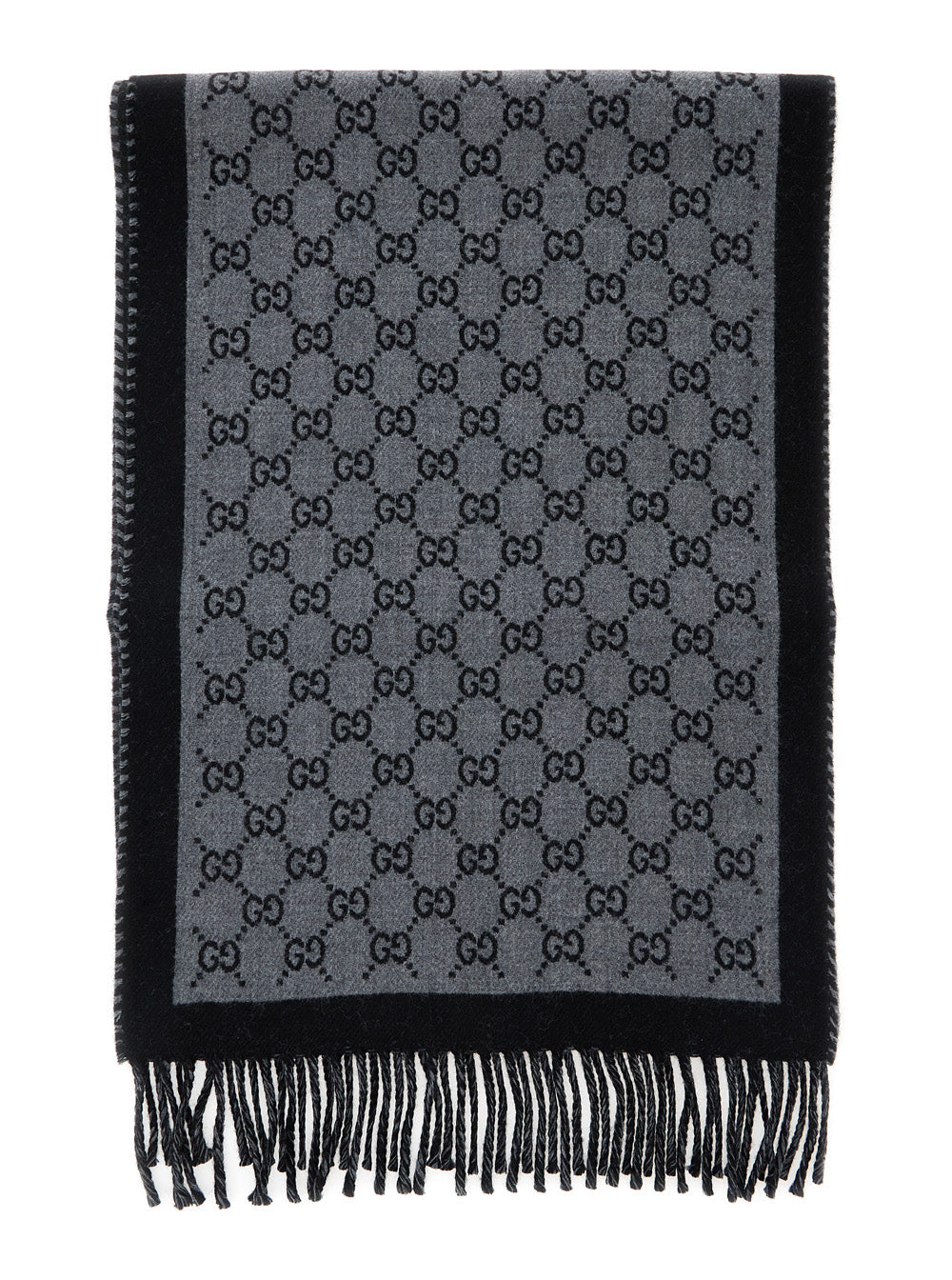 Gucci Men Scarf 'Gg' With Fringed Edge In Gray Wool Men GUCCI