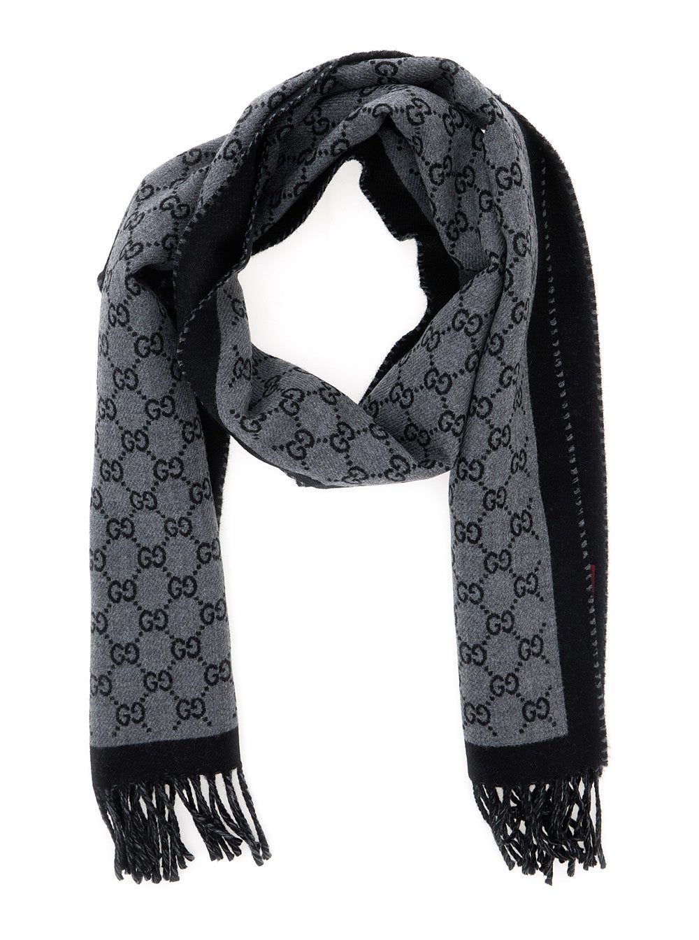 Gucci Men Scarf 'Gg' With Fringed Edge In Gray Wool Men GUCCI