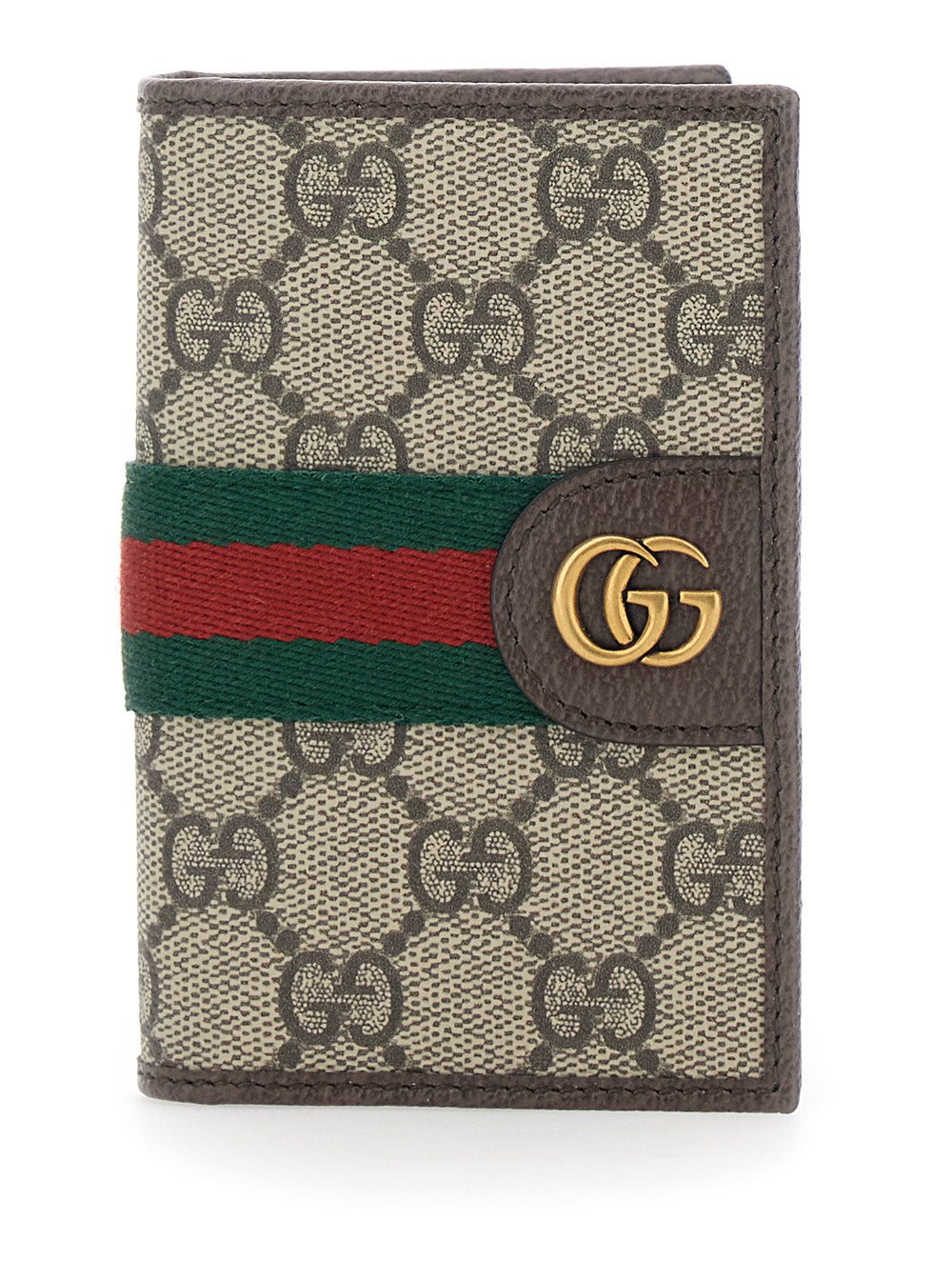 Gucci Men Wallet 'Ophidia' With Gg Plate On The Front And Web Detail On The Front In Gg Canvas And Beige Leather For Men GUCCI