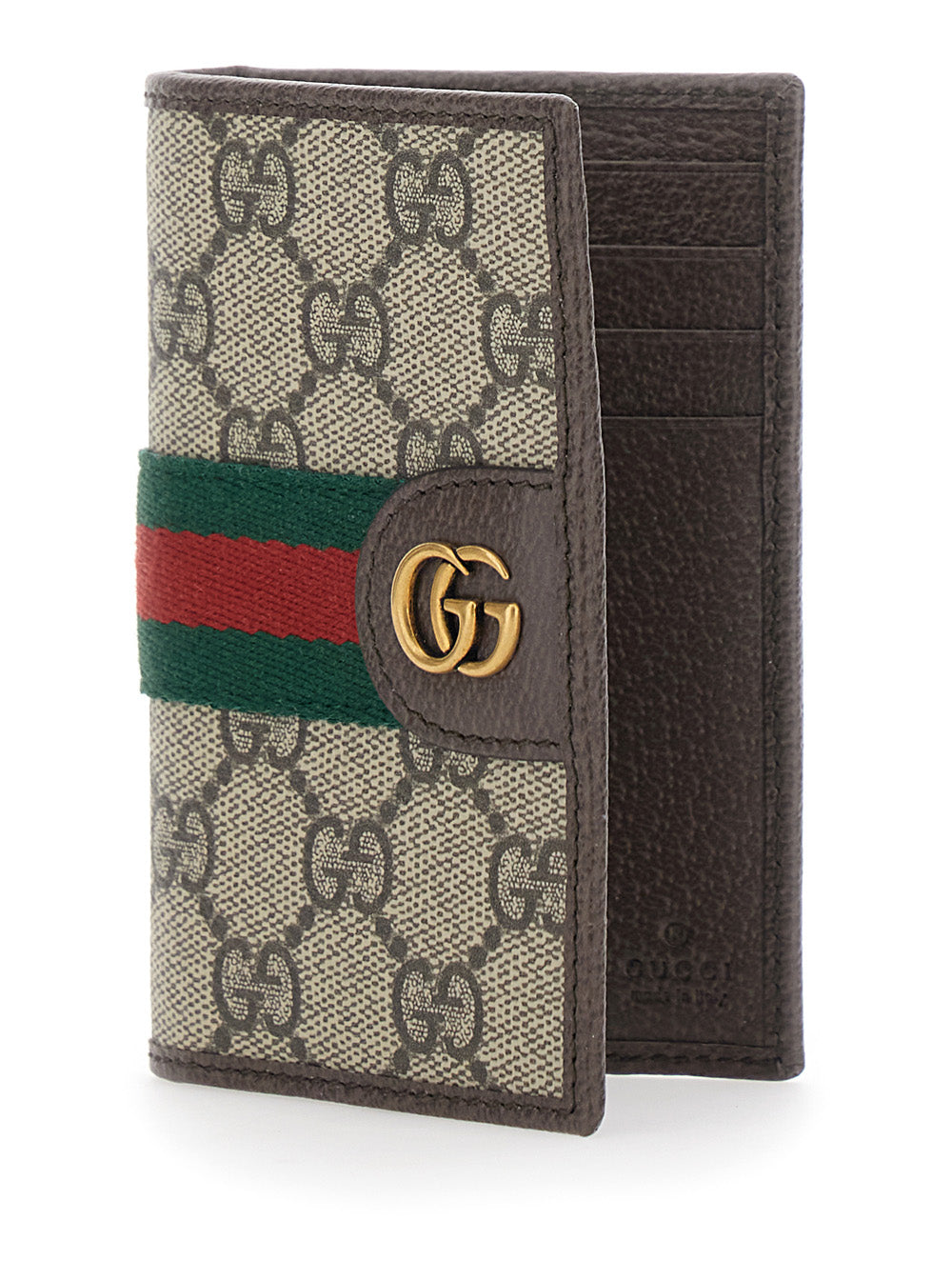 Gucci Men Wallet 'Ophidia' With Gg Plate On The Front And Web Detail On The Front In Gg Canvas And Beige Leather For Men GUCCI