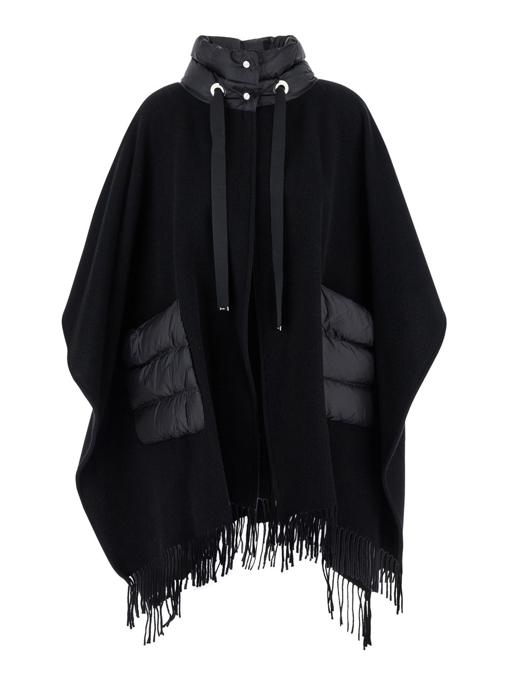 Herno Women High Neck Poncho With Patch Pockets In Black Wool And Nylon For Women HERNO