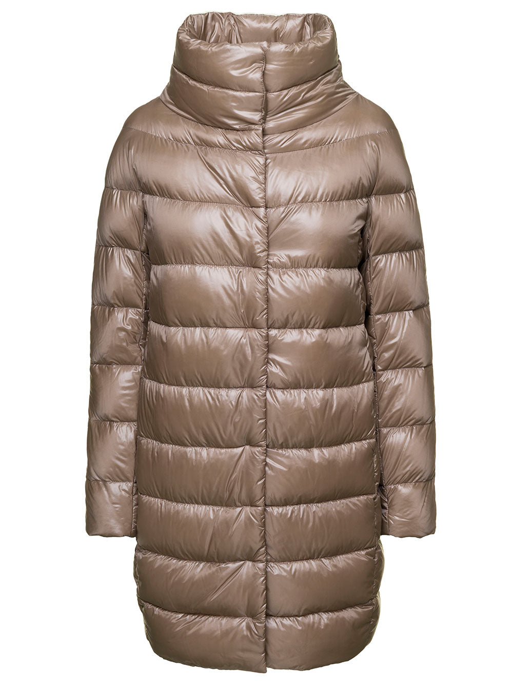 Herno Women Long Down Jacket With Funnel Neck And Tech Fabric Beige Woman