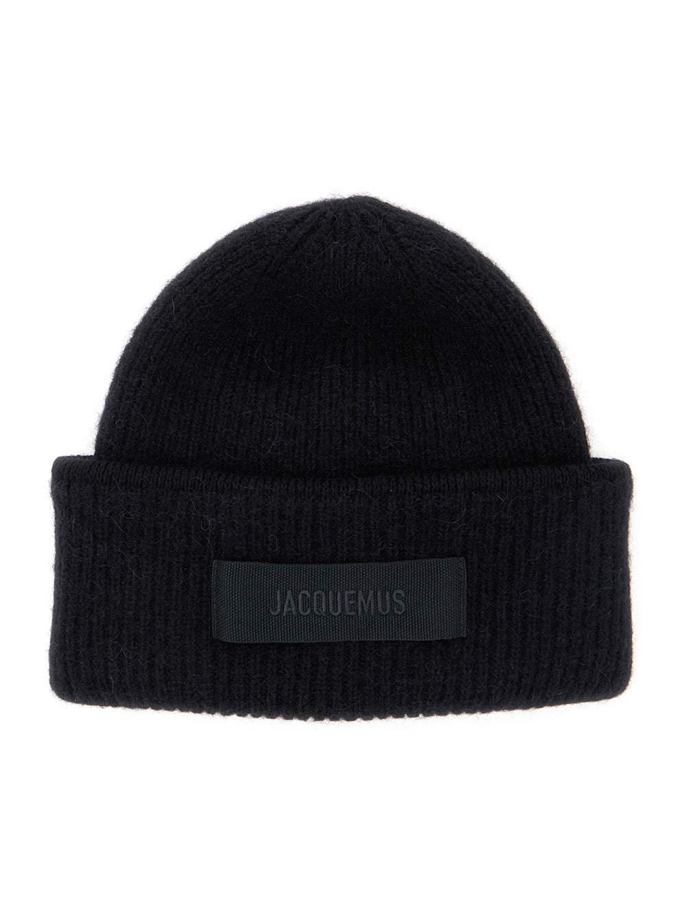 Jacquemus Men Hat 'Le Bonnet Gros Grain' With Logo Patch And Ribbed Knit In Black Wool Blend For Men JACQUEMUS