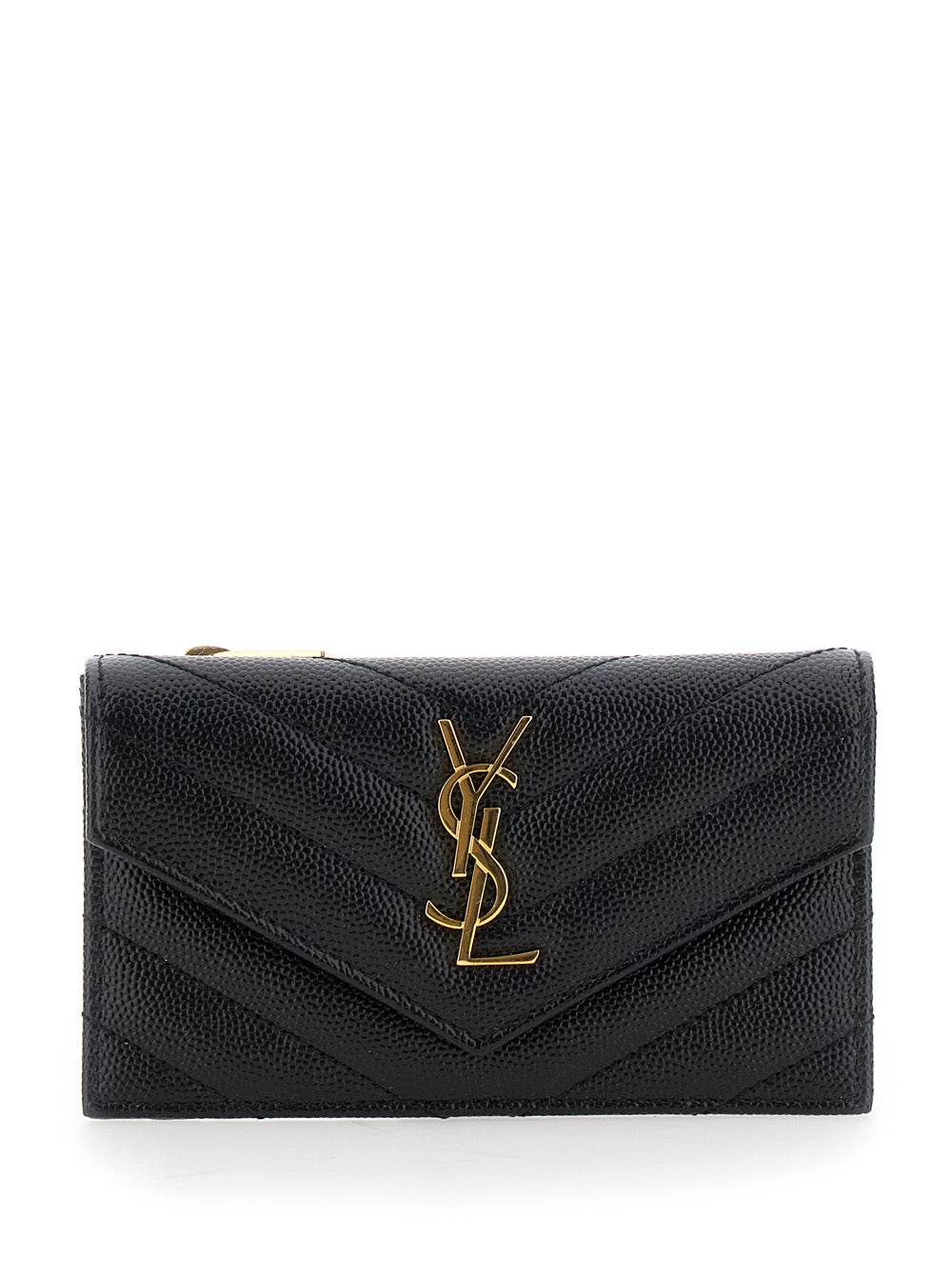 Saint Laurent Women 'Cassandre' Black Zip Card Case With Flap In Embossed Leather Woman SAINT LAURENT