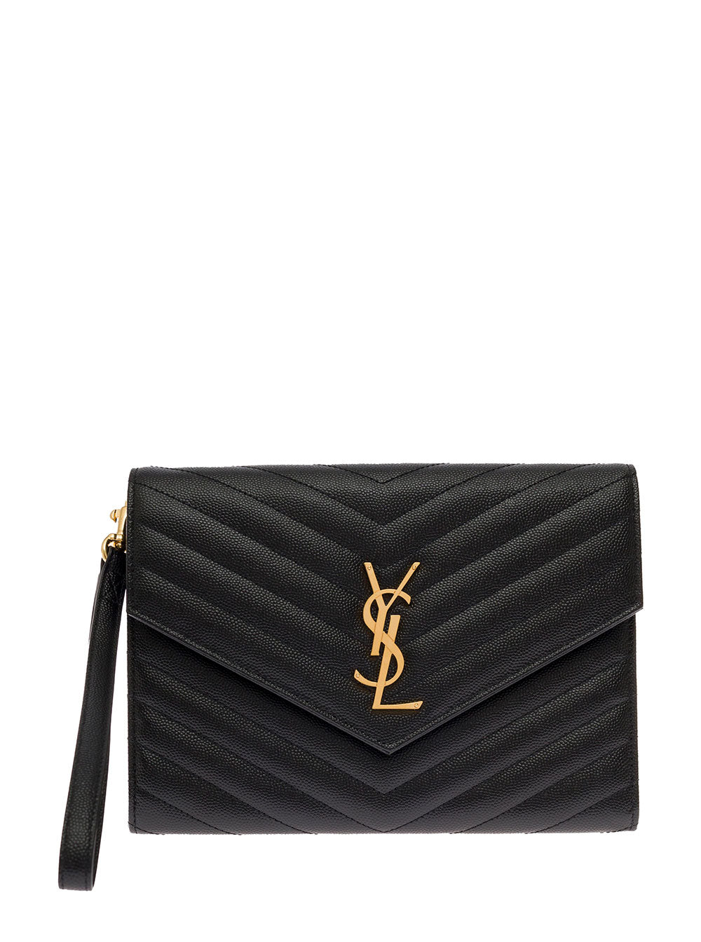 Saint Laurent Women Black Handbag With Front Logo In Metal And Gold-Colored Hardware In Grain De Poudre Leather For Women SAINT LAURENT