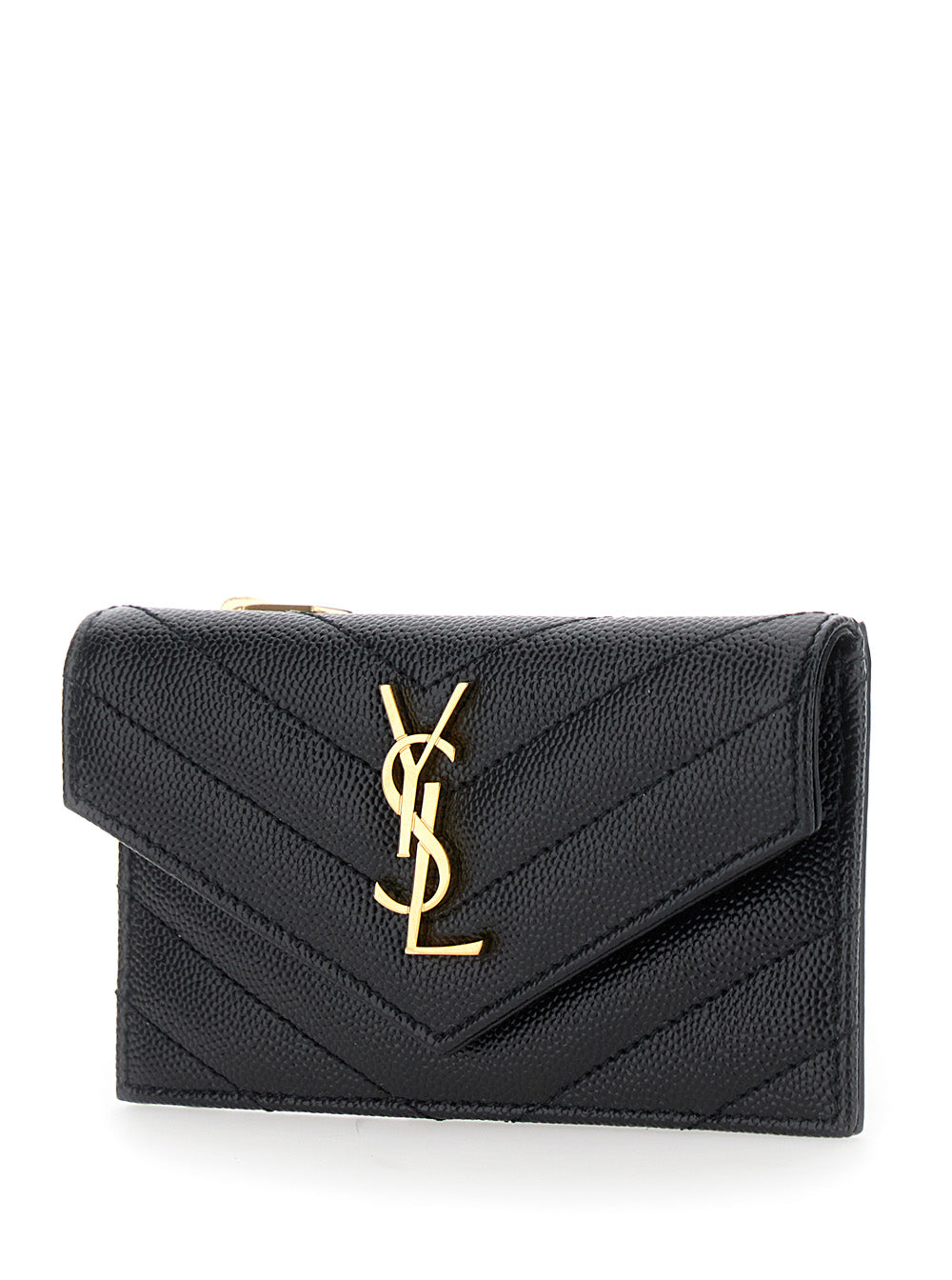 Saint Laurent Women 'Cassandre' Black Zip Card Case With Flap In Embossed Leather Woman SAINT LAURENT