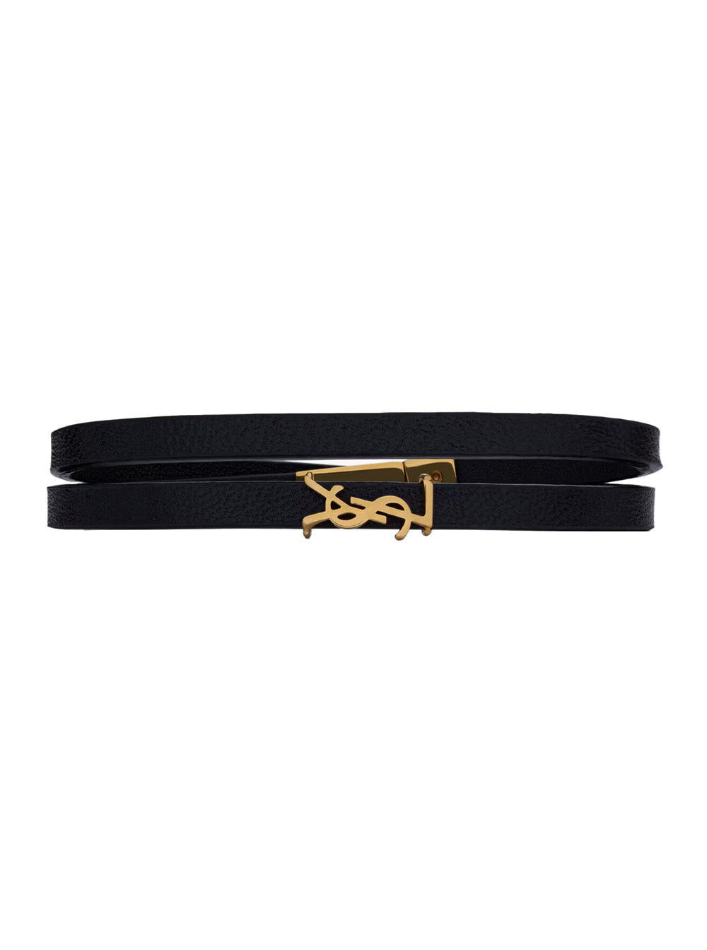 Saint Laurent Women Double Wrap Bracelet With Cassandre Plate On Front In Black Grained Leather For Women