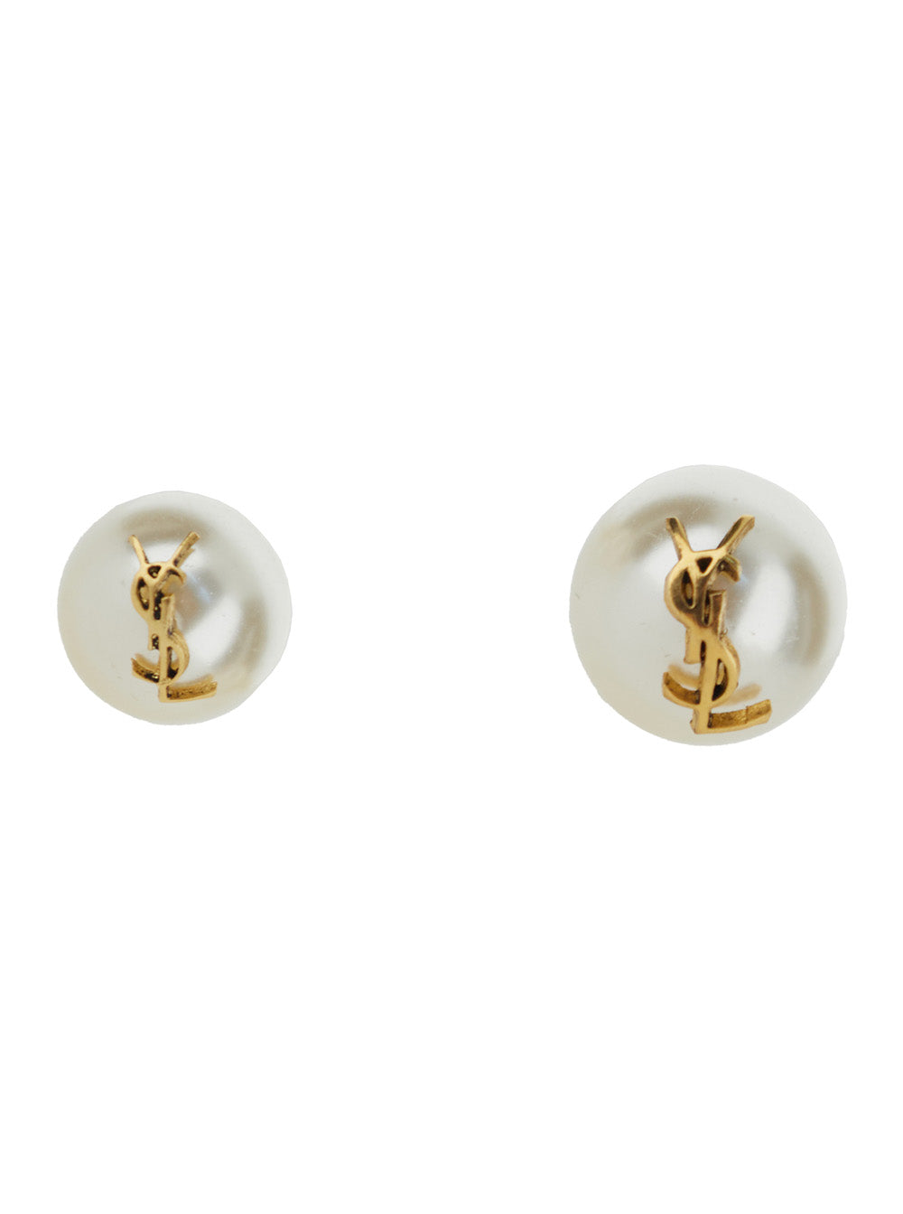 Saint Laurent Women Asymmetric Earrings With A Large Pearl And A Small One In Metal With Ysl Logo