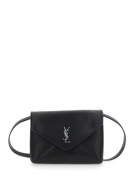 Saint Laurent Men Black Crossbody Bag With Envelope Design And Cassandre Plaque On Front In Grained Leather For Women SAINT LAURENT