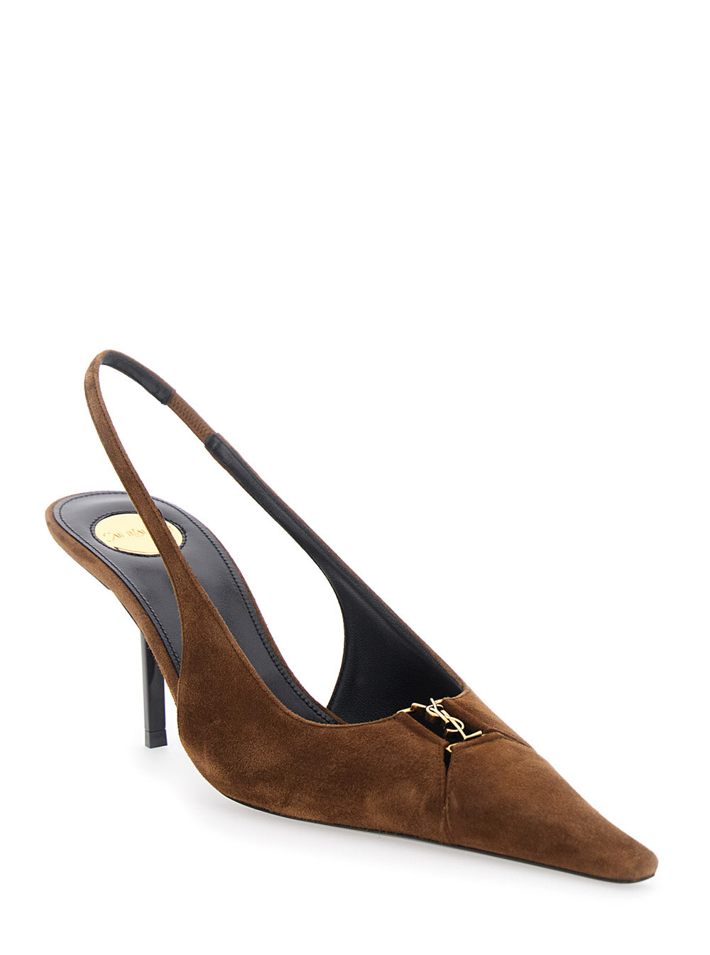 Saint Laurent Women 'Babylone' Brown Slingback Pumps With Pointed Toe And Cassandre Plate And High Stiletto Heel In Suede For Women SAINT LAURENT