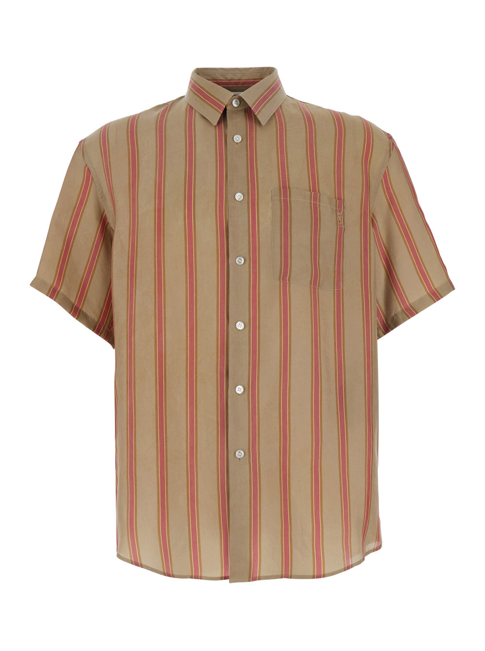 Saint Laurent Men Beige Shirt With Cassandre Embroidery On The Front And All-Over Striped Motif In Cupro For Men SAINT LAURENT