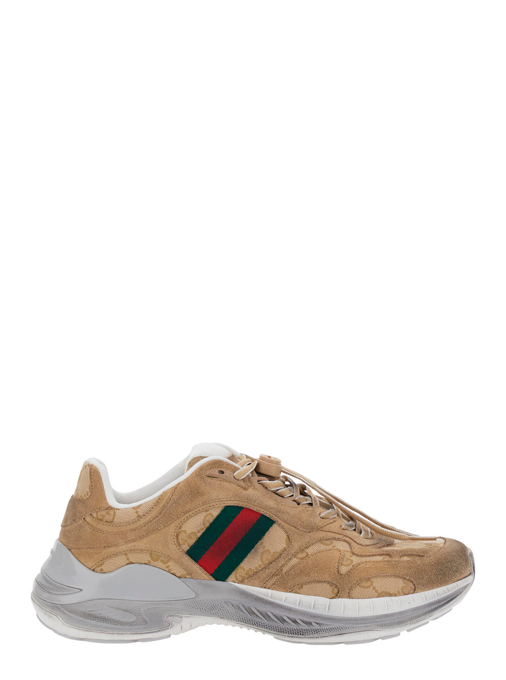 Gucci Men 'Gucci 2.0' Beige Low Top Sneakers With Web Detail On The Side In Suede And Gg Canvas For Men GUCCI