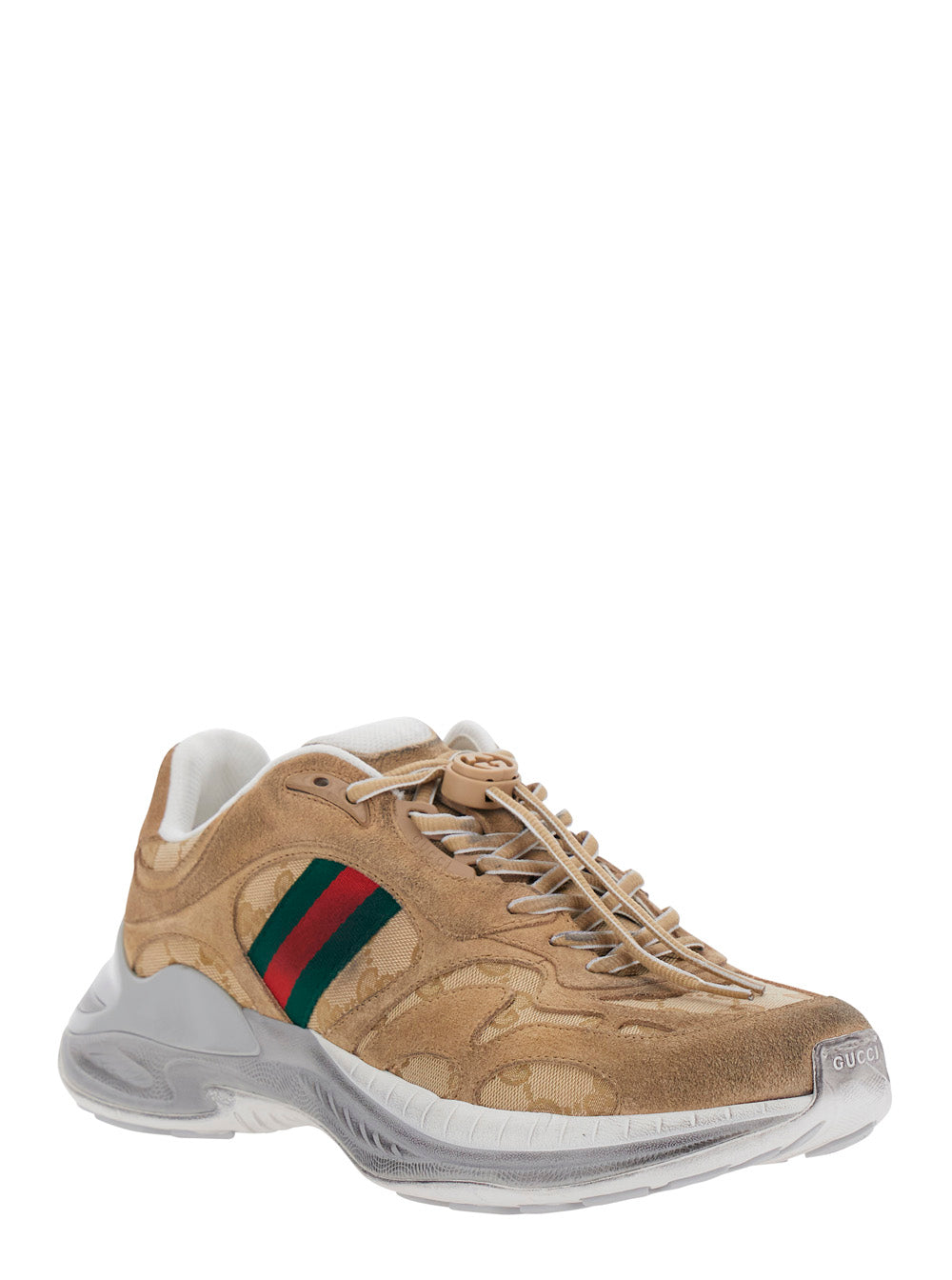Gucci Men 'Gucci 2.0' Beige Low Top Sneakers With Web Detail On The Side In Suede And Gg Canvas For Men GUCCI
