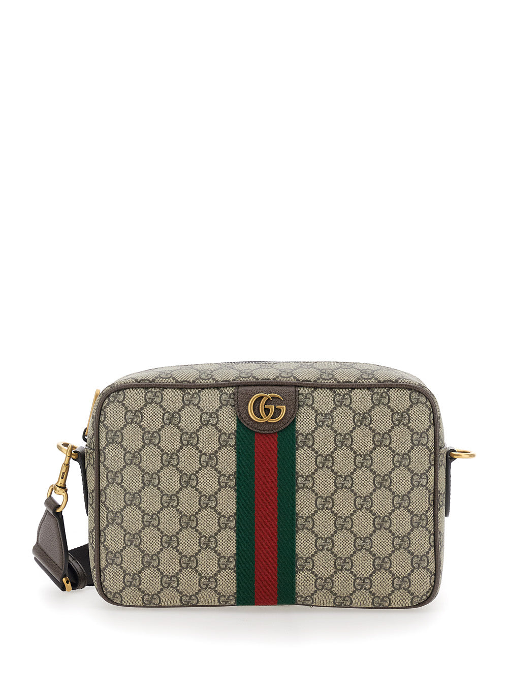 Gucci Men Crossbody Bag 'Ophidia' With Adjustable Strap And Gg Plaque With Web Detail On The Front In Gg Canvas Beige Men GUCCI