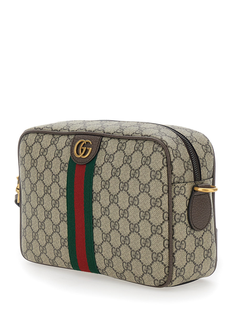 Gucci Men Crossbody Bag 'Ophidia' With Adjustable Strap And Gg Plaque With Web Detail On The Front In Gg Canvas Beige Men GUCCI