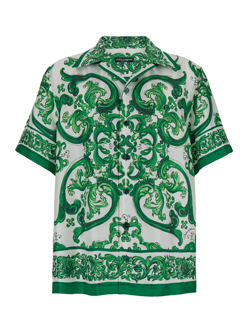 Dolce & Gabbana Men 'Palermo' Green And White Bowling Shirt With Majolica Print In Silk Man DOLCE & GABBANA