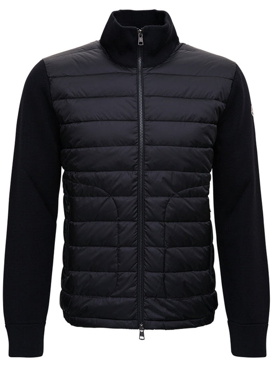 Moncler Men Black Cardigan With Logo Patch On The Sleeve In Tech Fabric And Wool Man MONCLER