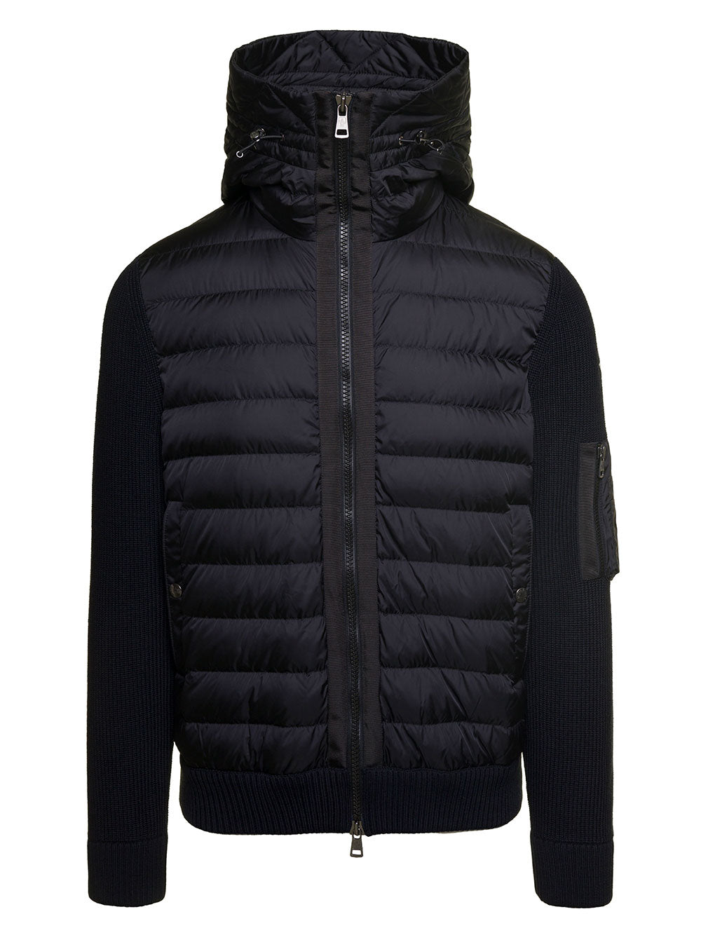 Moncler Men Cardigan Con Cappucico E Patch Logo Sulla Manica In Tessuto Tecnico E Lana Nero Uomo MONCLER