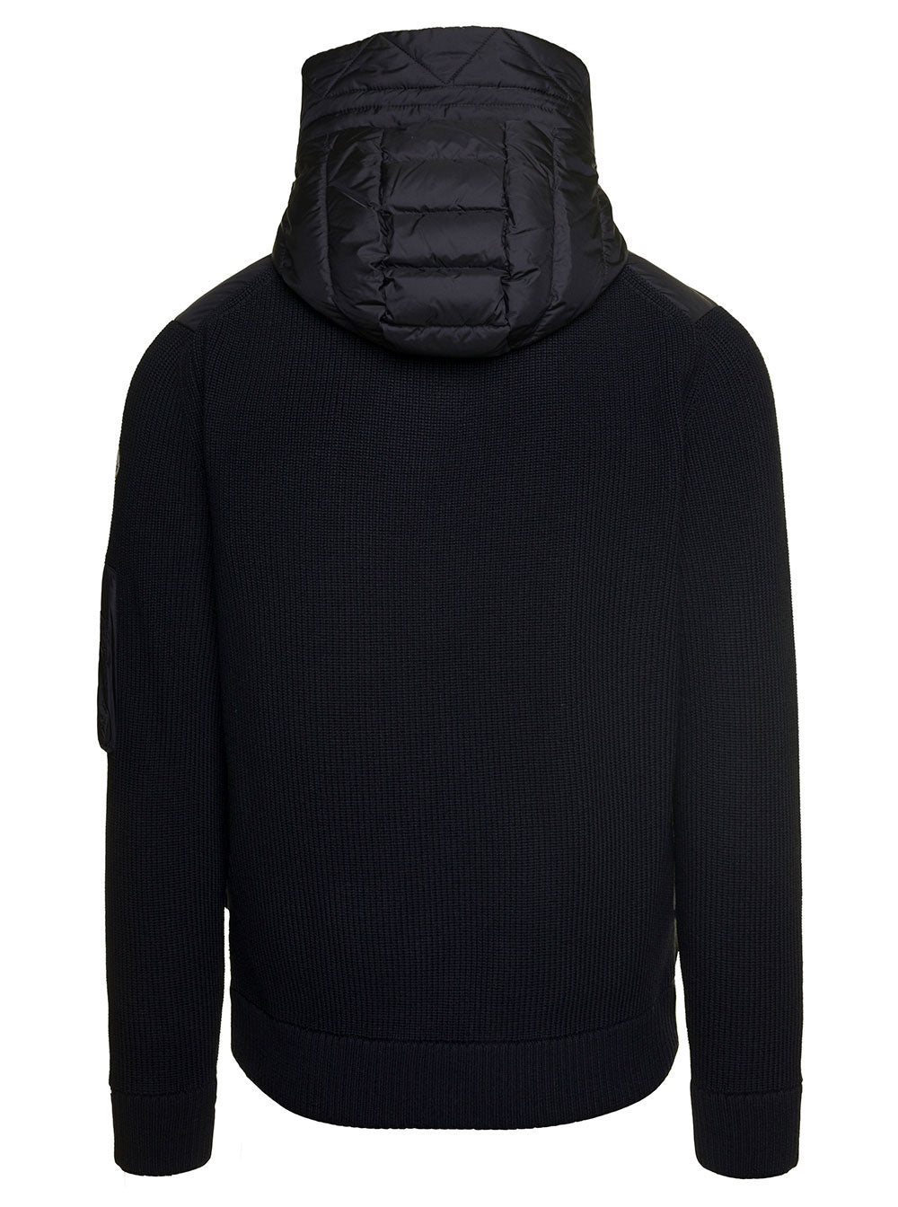 Moncler Men Cardigan Con Cappucico E Patch Logo Sulla Manica In Tessuto Tecnico E Lana Nero Uomo