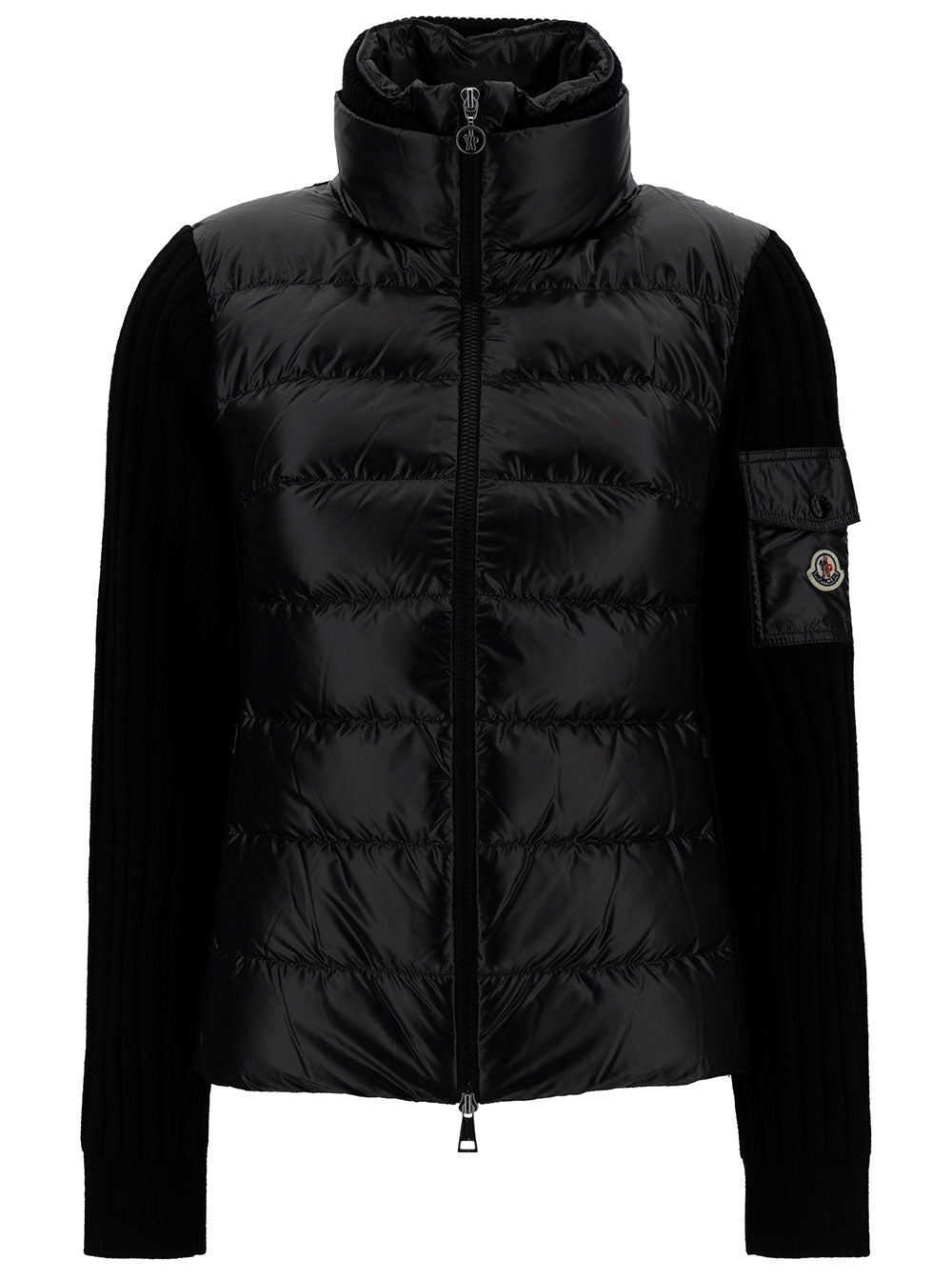 Moncler Women Black Down-Filled Cardigan With High Neck And Logo Patch In Nylon Woman MONCLER