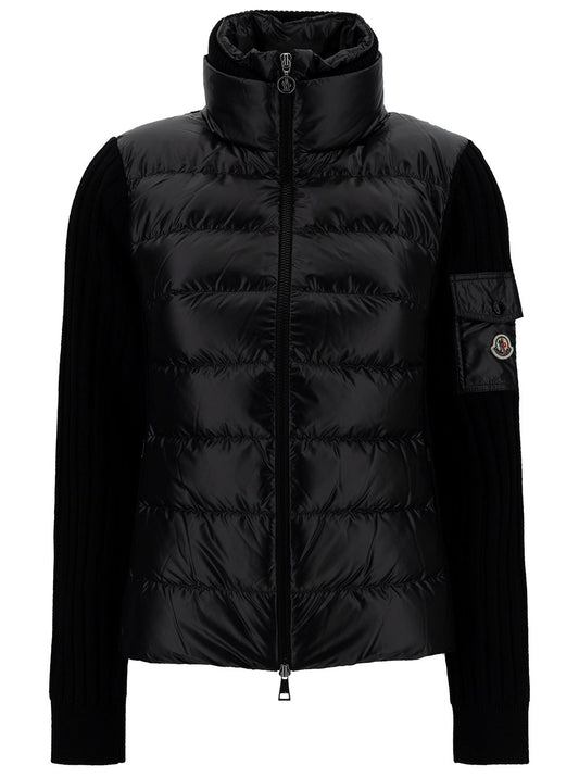Moncler Women Black Down-Filled Cardigan With High Neck And Logo Patch In Nylon Woman MONCLER