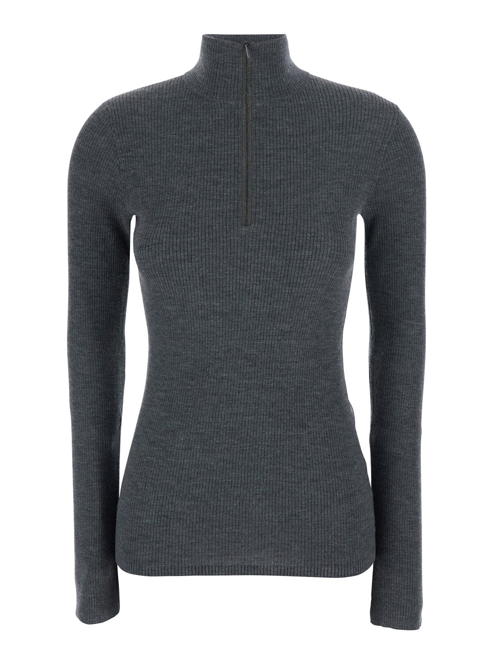 Brunello Cucinelli Women Gray Turtleneck Sweater With Half Zip On The Front In Wool And Cashmere For Women BRUNELLO CUCINELLI