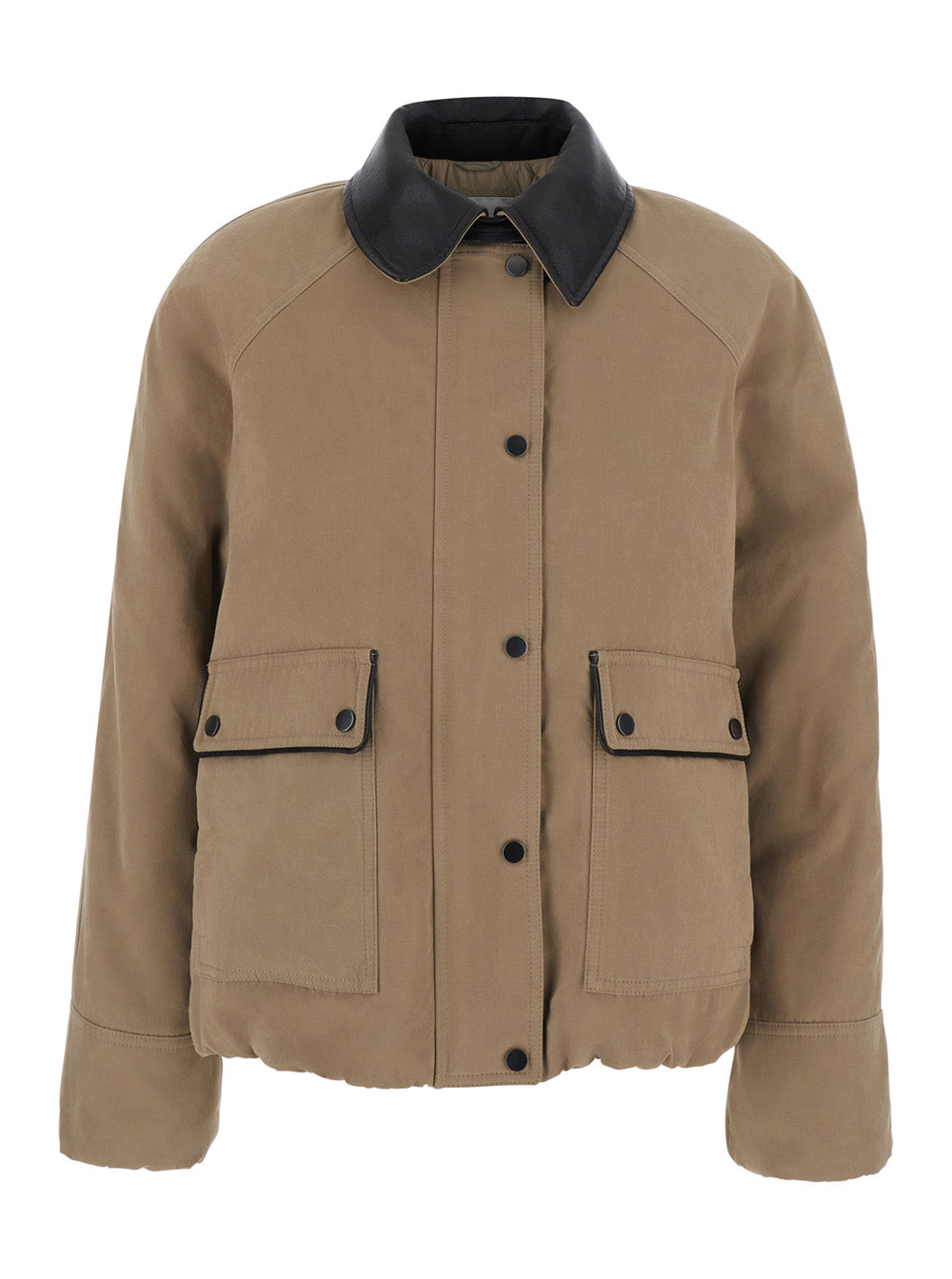 Brunello Cucinelli Women Beige Jacket With Leather Collar And Two Patch Pockets On The Front In Cotton Blend For Women BRUNELLO CUCINELLI
