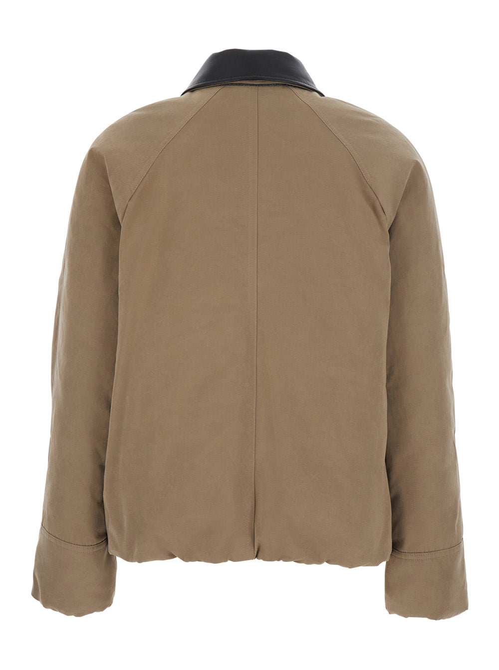 Brunello Cucinelli Women Beige Jacket With Leather Collar And Two Patch Pockets On The Front In Cotton Blend For Women BRUNELLO CUCINELLI