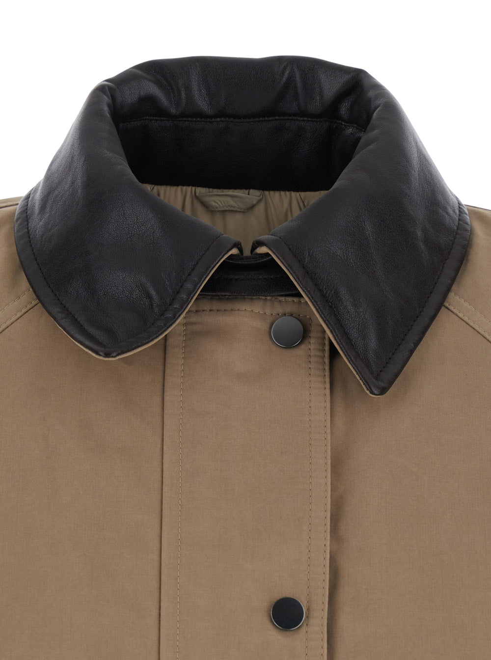 Brunello Cucinelli Women Beige Jacket With Leather Collar And Two Patch Pockets On The Front In Cotton Blend For Women BRUNELLO CUCINELLI