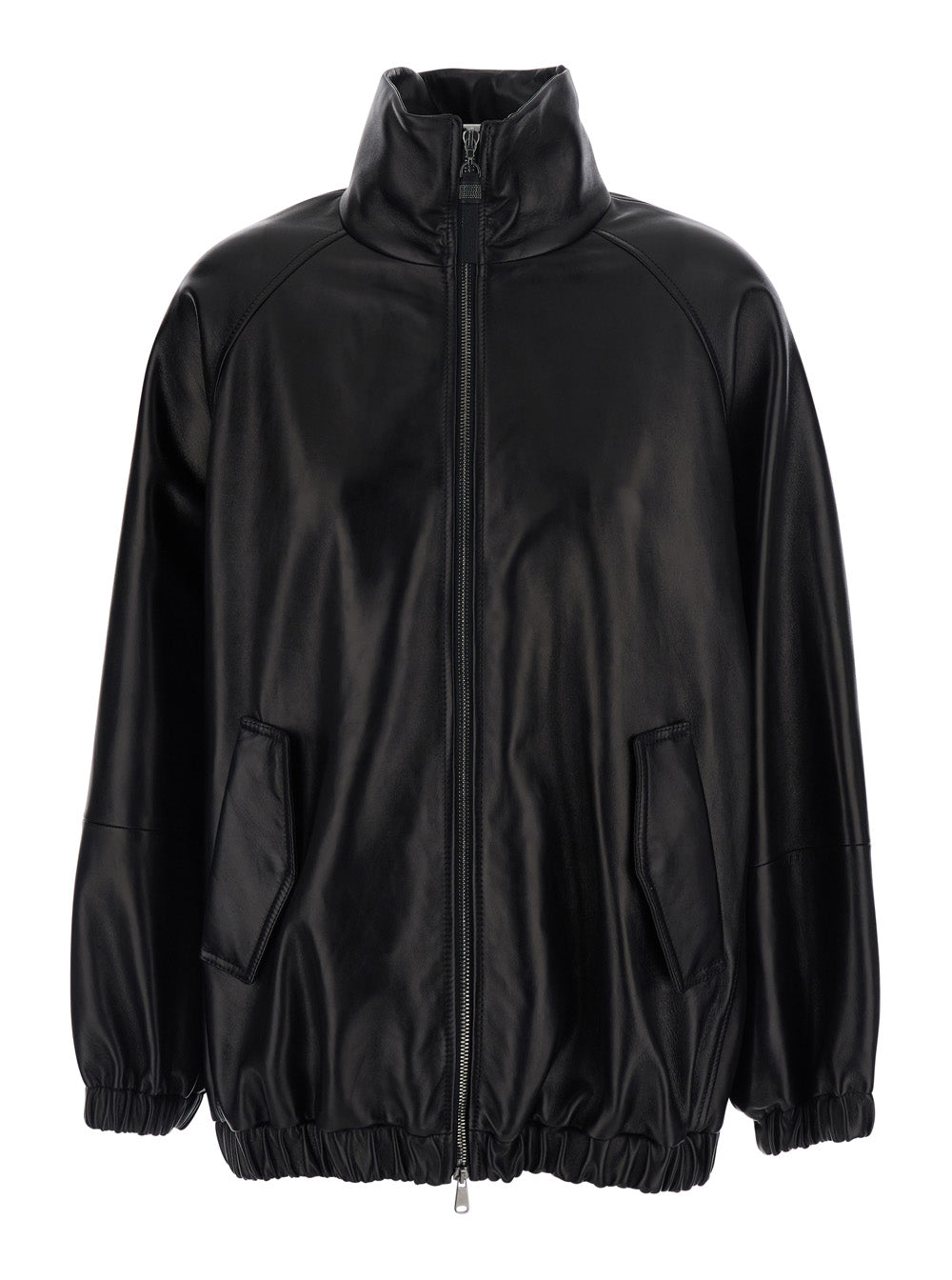 Brunello Cucinelli Women Black High Collar Jacket With Elasticized Trims In Leather For Women BRUNELLO CUCINELLI