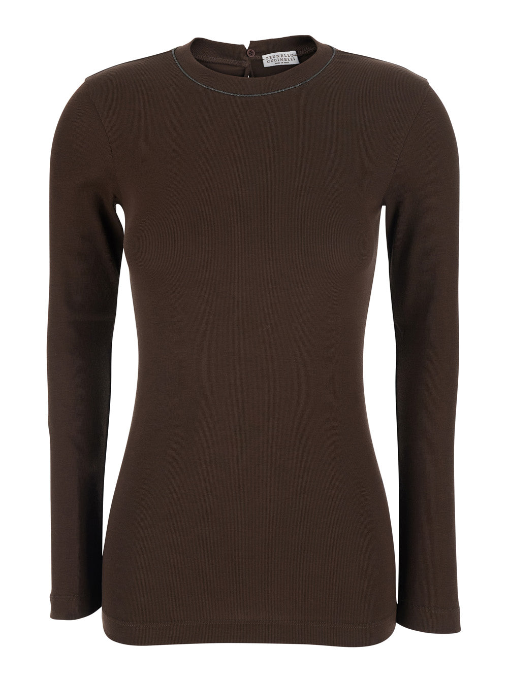 Brunello Cucinelli Women Brown Crew Neck T-Shirt With Monil Detail On The Neck And Keyhole Closure At The Back In Cotton For Women BRUNELLO CUCINELLI