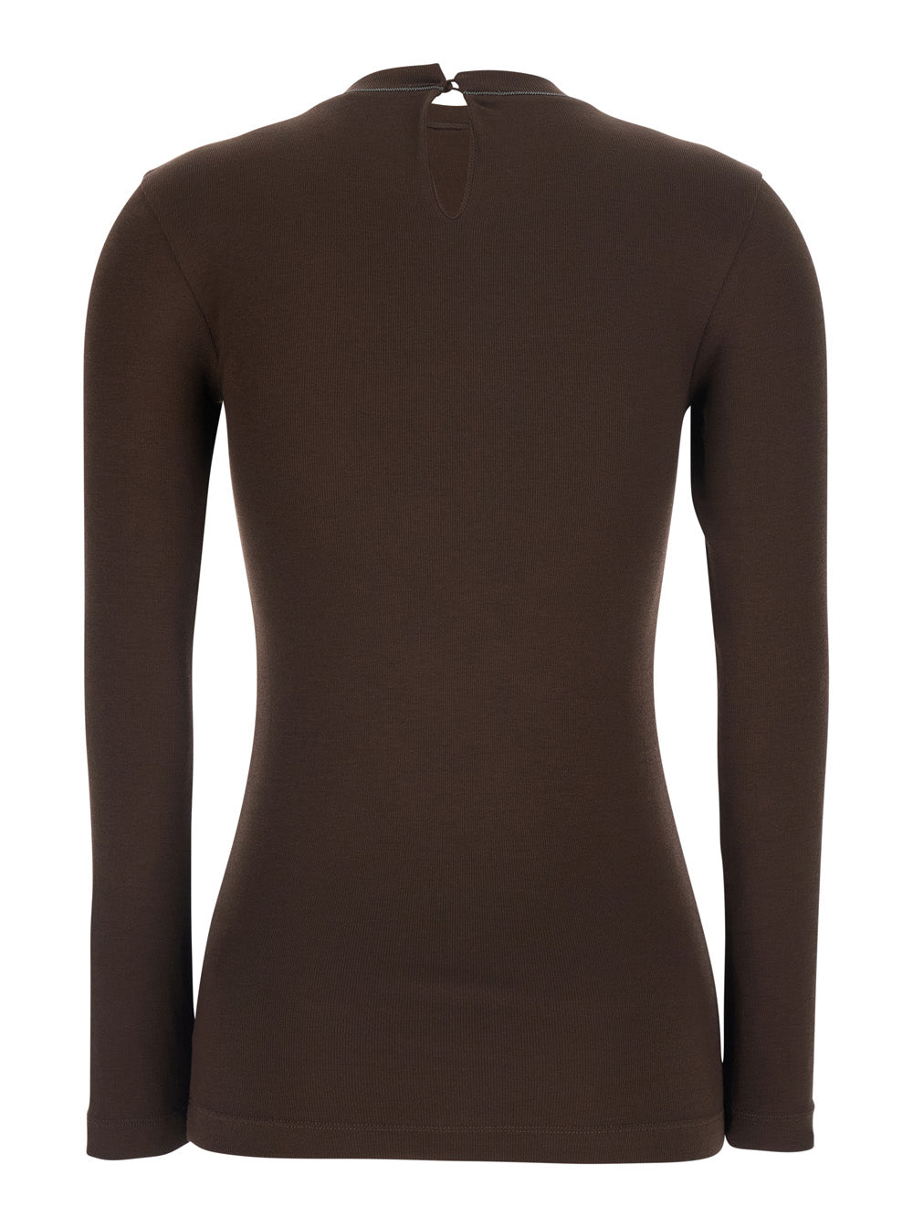 Brunello Cucinelli Women Brown Crew Neck T-Shirt With Monil Detail On The Neck And Keyhole Closure At The Back In Cotton For Women BRUNELLO CUCINELLI