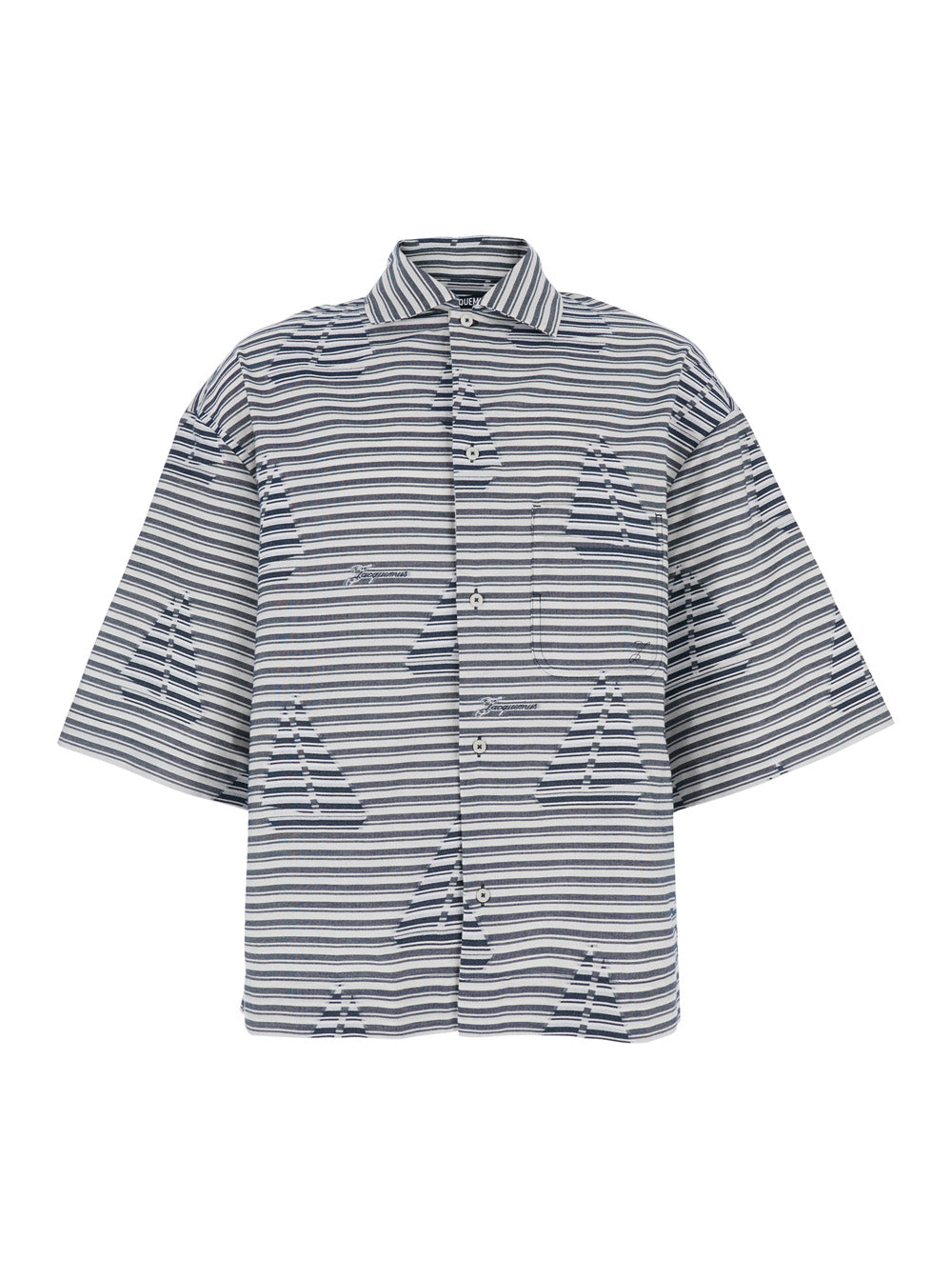 Jacquemus Men 'La Chemise Plage' Blue Bowling Shirt With Sailboat Stripe Motif In Cotton For Men JACQUEMUS