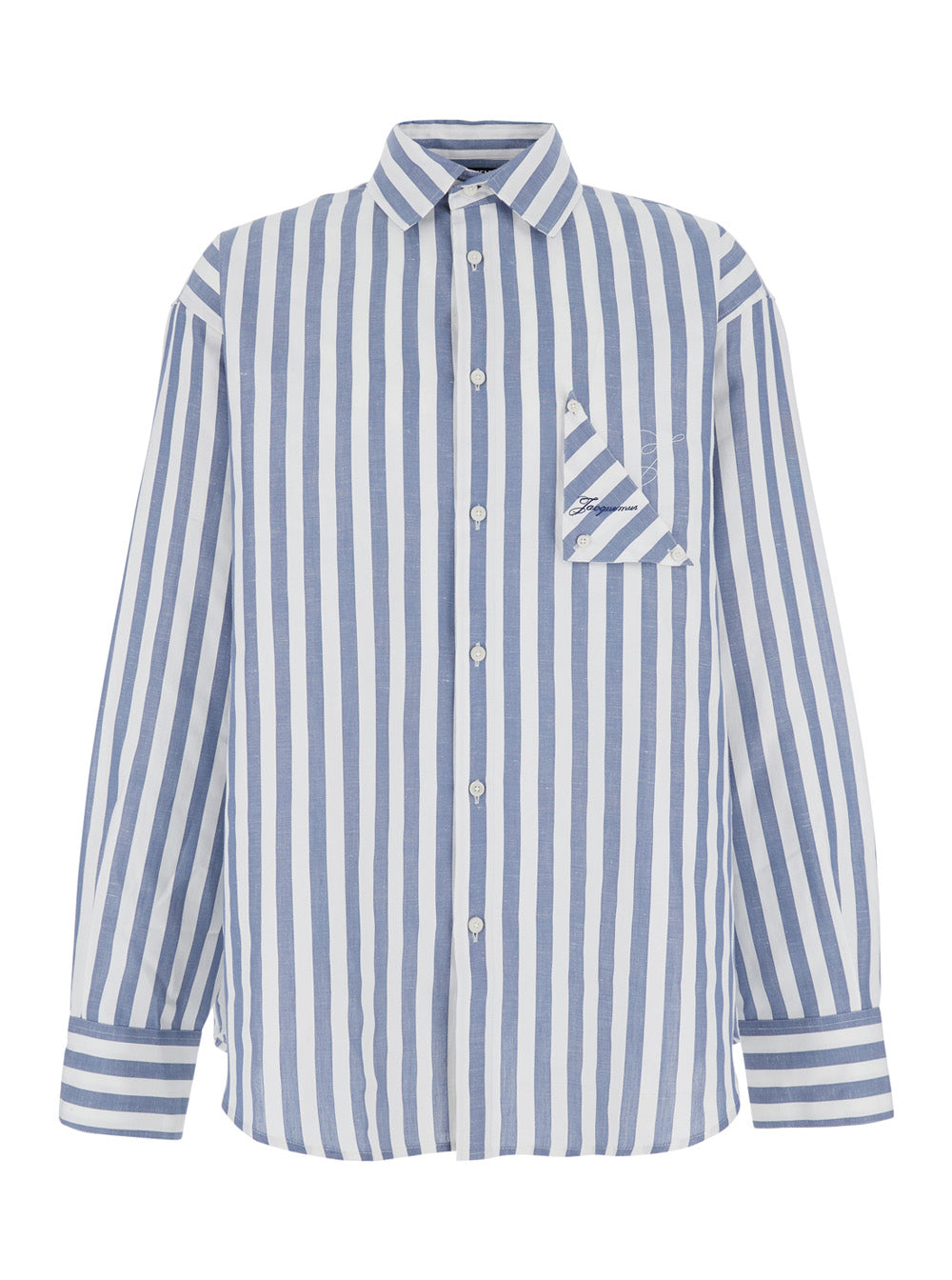 Jacquemus Men 'La Chemise Voilier' Light Blue Shirt With All-Over Striped Motif And Logo Embroidery On The Front In Cotton And Linen For Men JACQUEMUS