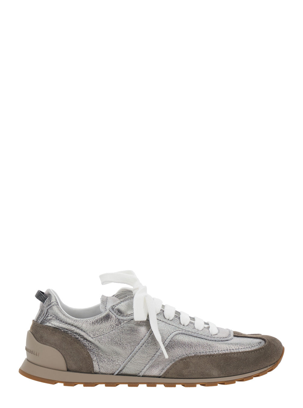 Brunello Cucinelli Women Gray Low Top Sneakers With Logo Lettering On Tongue And Heel And Metallic Effect In Suede And Leather For Women BRUNELLO CUCINELLI