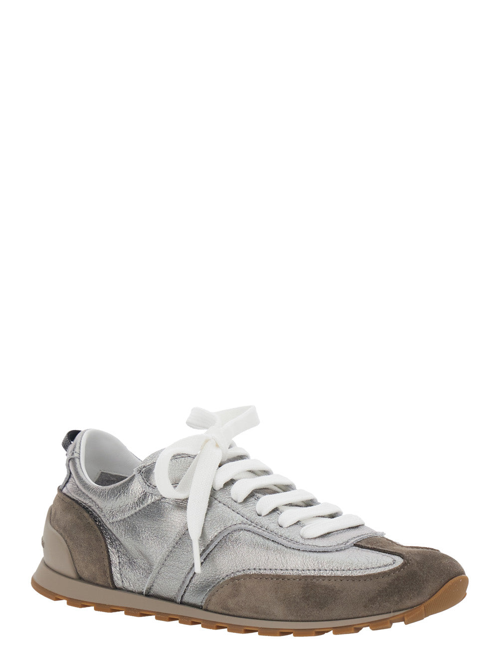Brunello Cucinelli Women Gray Low Top Sneakers With Logo Lettering On Tongue And Heel And Metallic Effect In Suede And Leather For Women BRUNELLO CUCINELLI