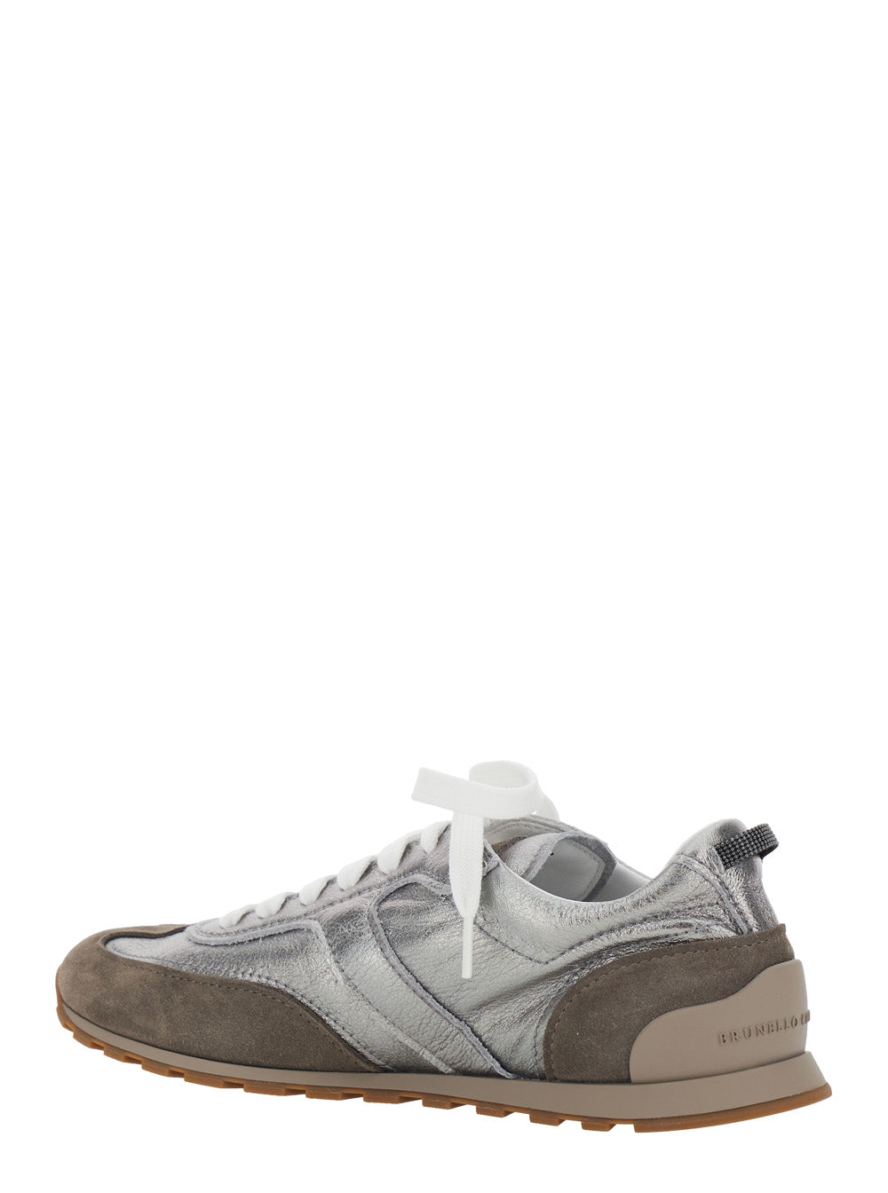 Brunello Cucinelli Women Gray Low Top Sneakers With Logo Lettering On Tongue And Heel And Metallic Effect In Suede And Leather For Women BRUNELLO CUCINELLI