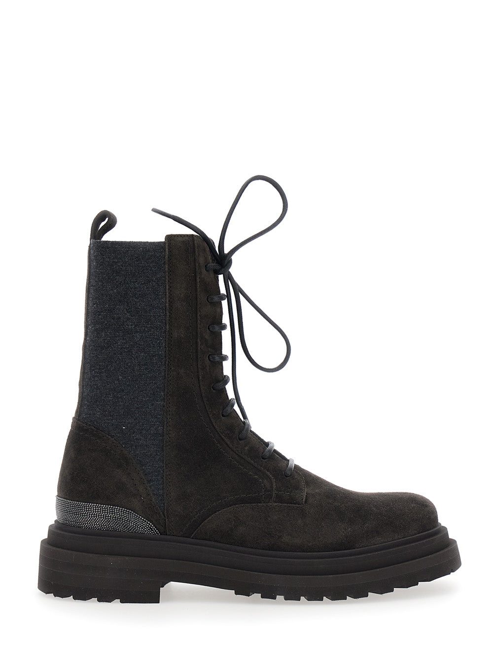 Brunello Cucinelli Women Brown Ankle Boots With Lace Closure And Monil Detail On The Back In Suede For Women BRUNELLO CUCINELLI