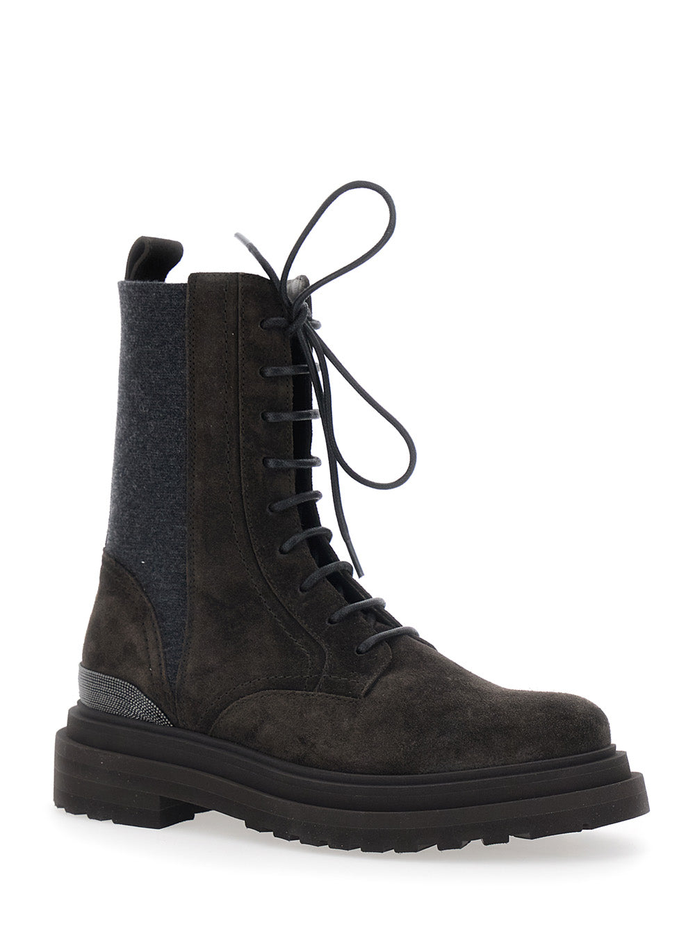 Brunello Cucinelli Women Brown Ankle Boots With Lace Closure And Monil Detail On The Back In Suede For Women BRUNELLO CUCINELLI